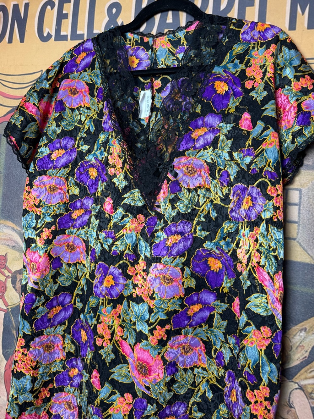 Ashley Taylor Black Vibrant Floral Lace-Trim Nightgown